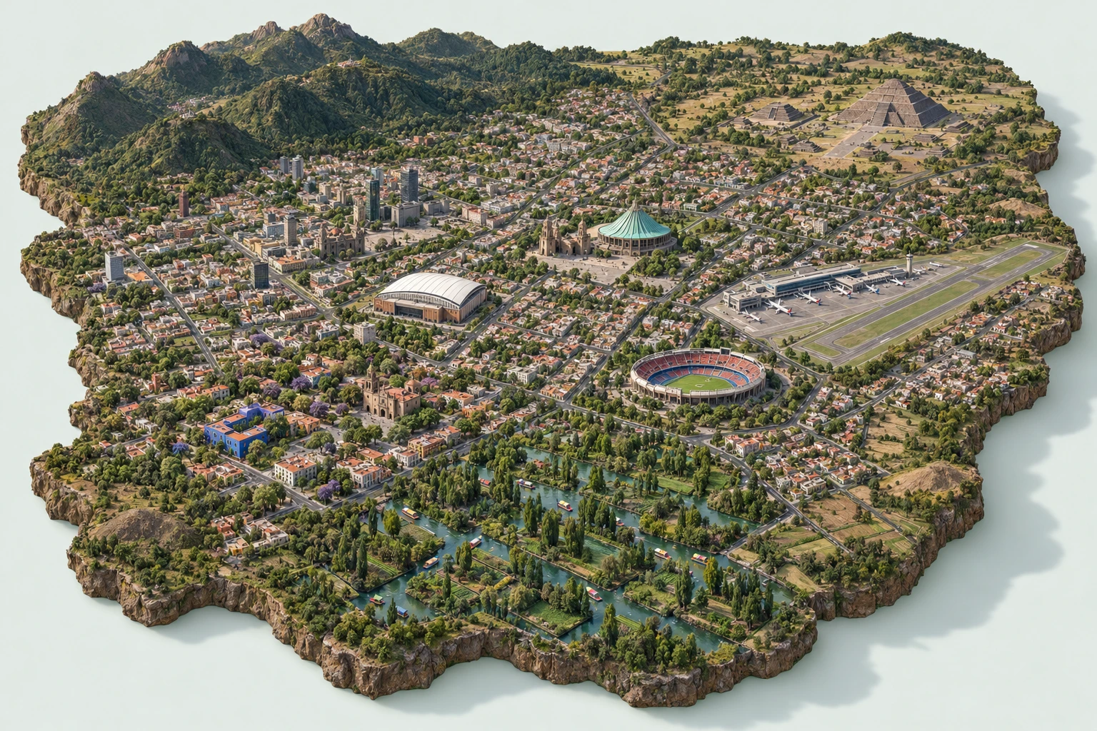 Maqueta isométrica de Ciudad de México y sus destinos turísticos; geografía y recorridos ilustrativos